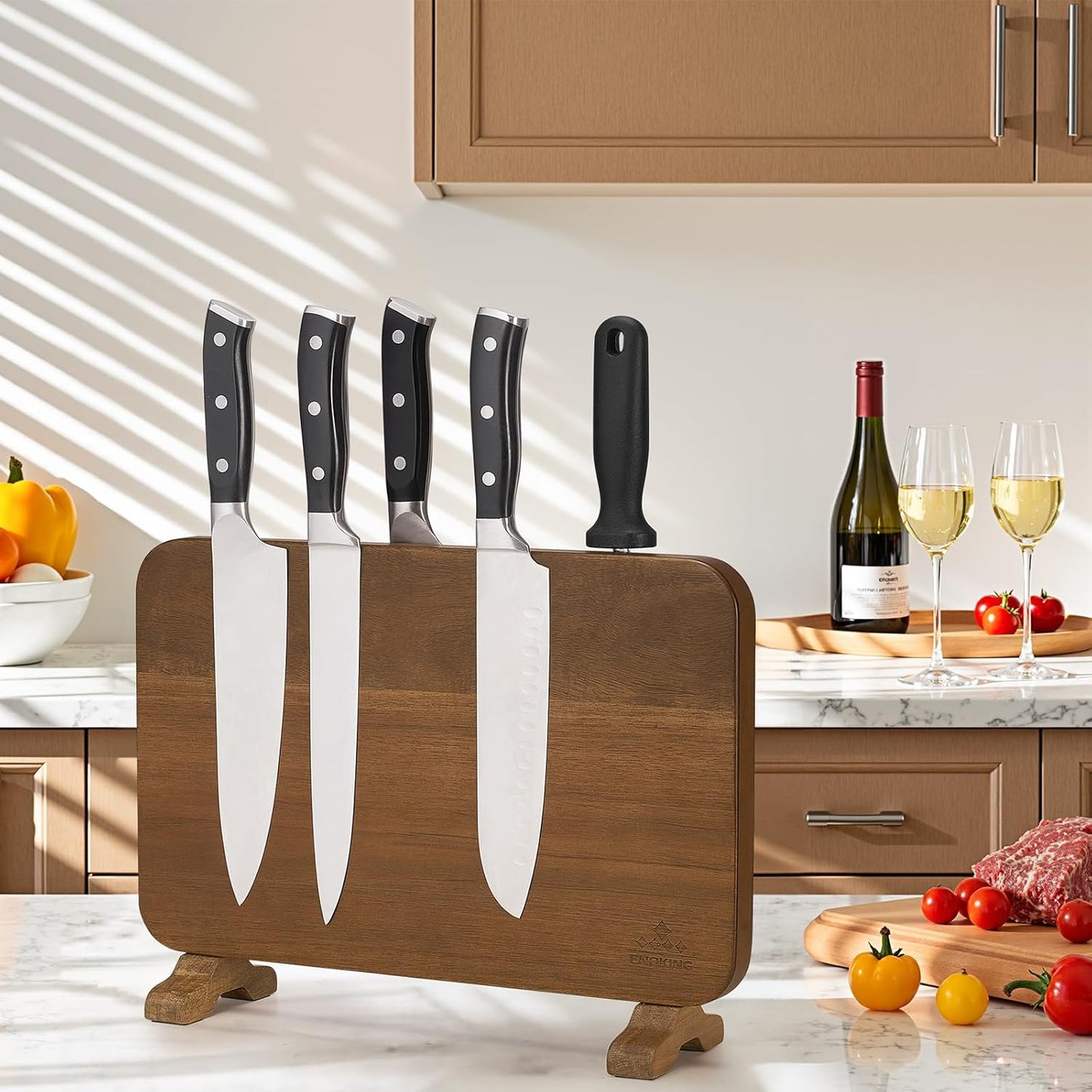 ENOKING Extra Large Magnetic Knife Block, 15.2-In Acacia Wood Knife Holder for Home Kitchen, Universal Knife Holder Stand with Strong Enhanced Magnets for Safe and Multifunctional Knife Storage