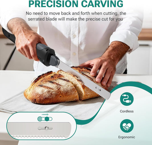 VLOXO Cordless Electric Knife, Rechargeable Electric Carving Knife with 2 Ti-Nitride S.S. Coated Non-Stick Blades Non-Slip Handle Safety Lock for Meat Slicing Fish Fillet Bread Turkey