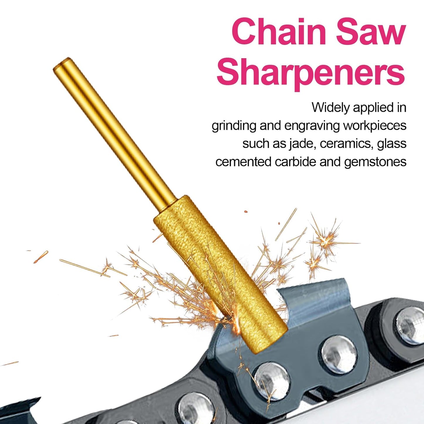 Chumia 30 Pcs High Hardness Titanium Diamond Chainsaw Sharpener Stone Bit Bulk Chain Electric Chainsaw Sharpening Wheels Kit 3 Size Plated Grinding Tool, 5/32, 3/16, 7/32 Inch (Gold)