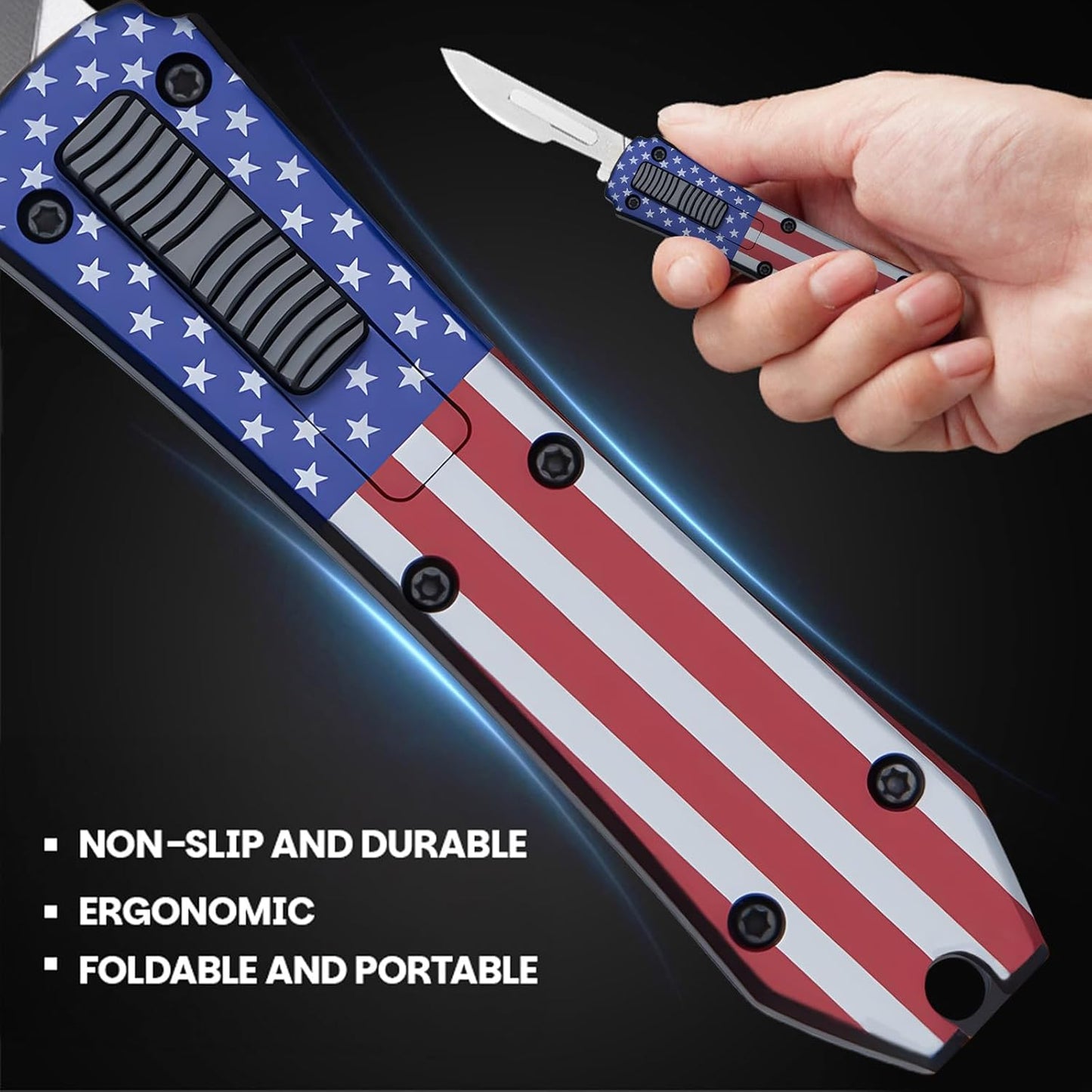 Automatic Utility Knife,All Metal Construction Carbon Stainless Steel Blade,Box Cutter Quick Change Retractable,EDC Push Button with Clip,10PCS #23 Blades Replacement,Stars&Stripes