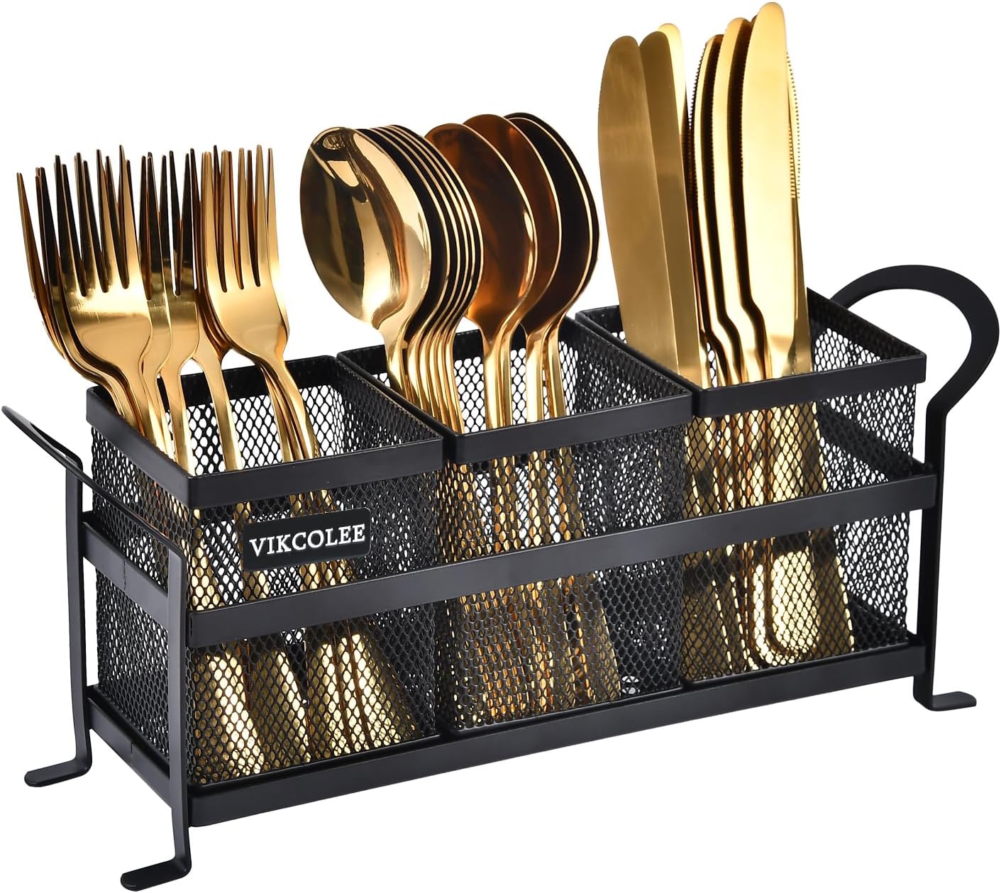 Kitchen Utensil Holder, Silverware Organizer Holder, Compact Metal Organizer for Flatware, Spoons, Forks, and Knives - 3 Separate Compartments Perfect for Kitchen Countertop- Black