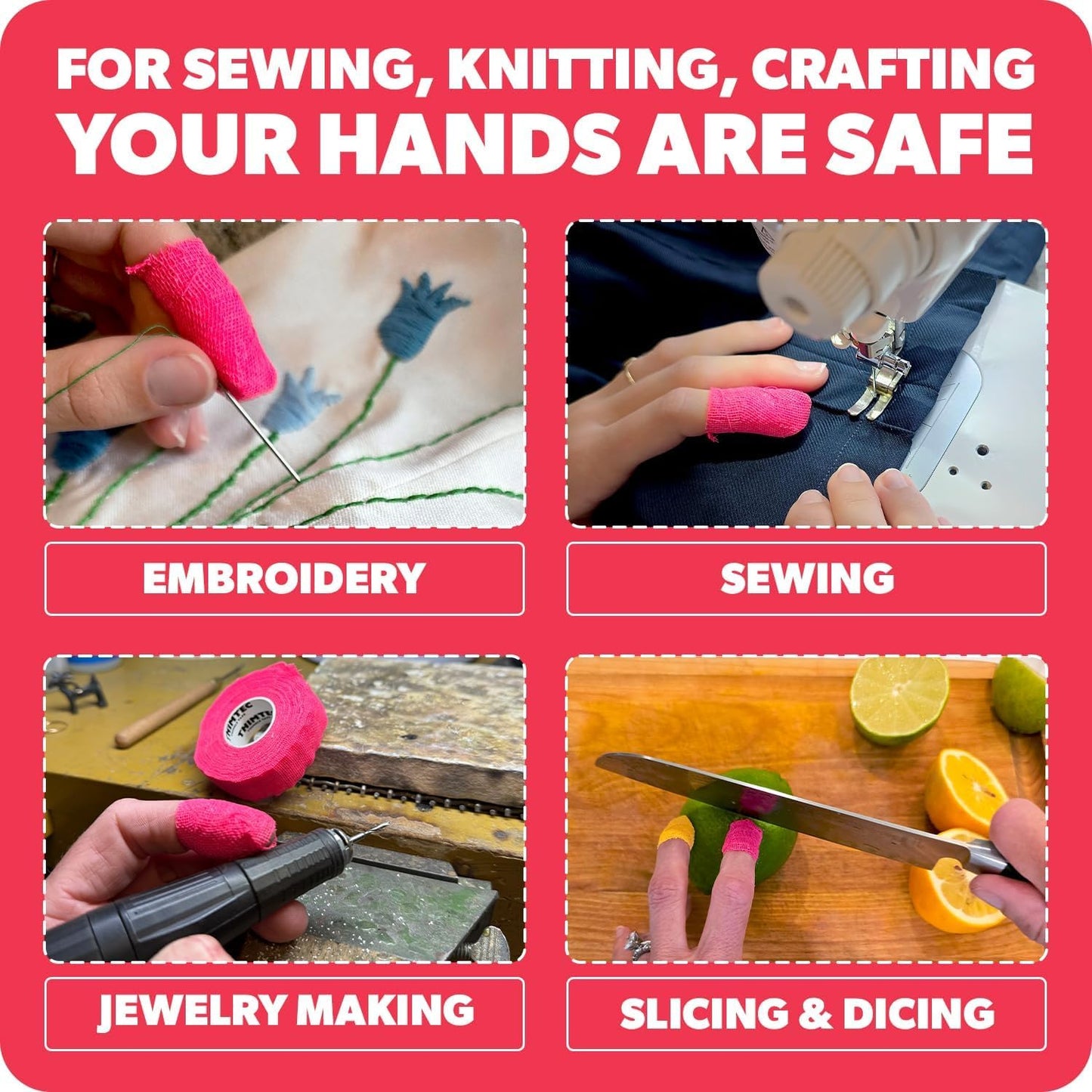 THIMTEC - The Original Thimble Tape for Hand Sewing - Fully Adjustable Nail & Finger Protector - A Smarter Alternative to Classic Knitting Thimbles - Caution Tape, 2-Pack