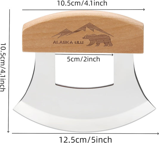 5inch Alaskan Mezzaluna Ulu Knife, Salad Veggies Rocker Chopper Slicer Cutter Hashing Chopping Mincing Cleaver with Wooden Stand Arthritic Tool