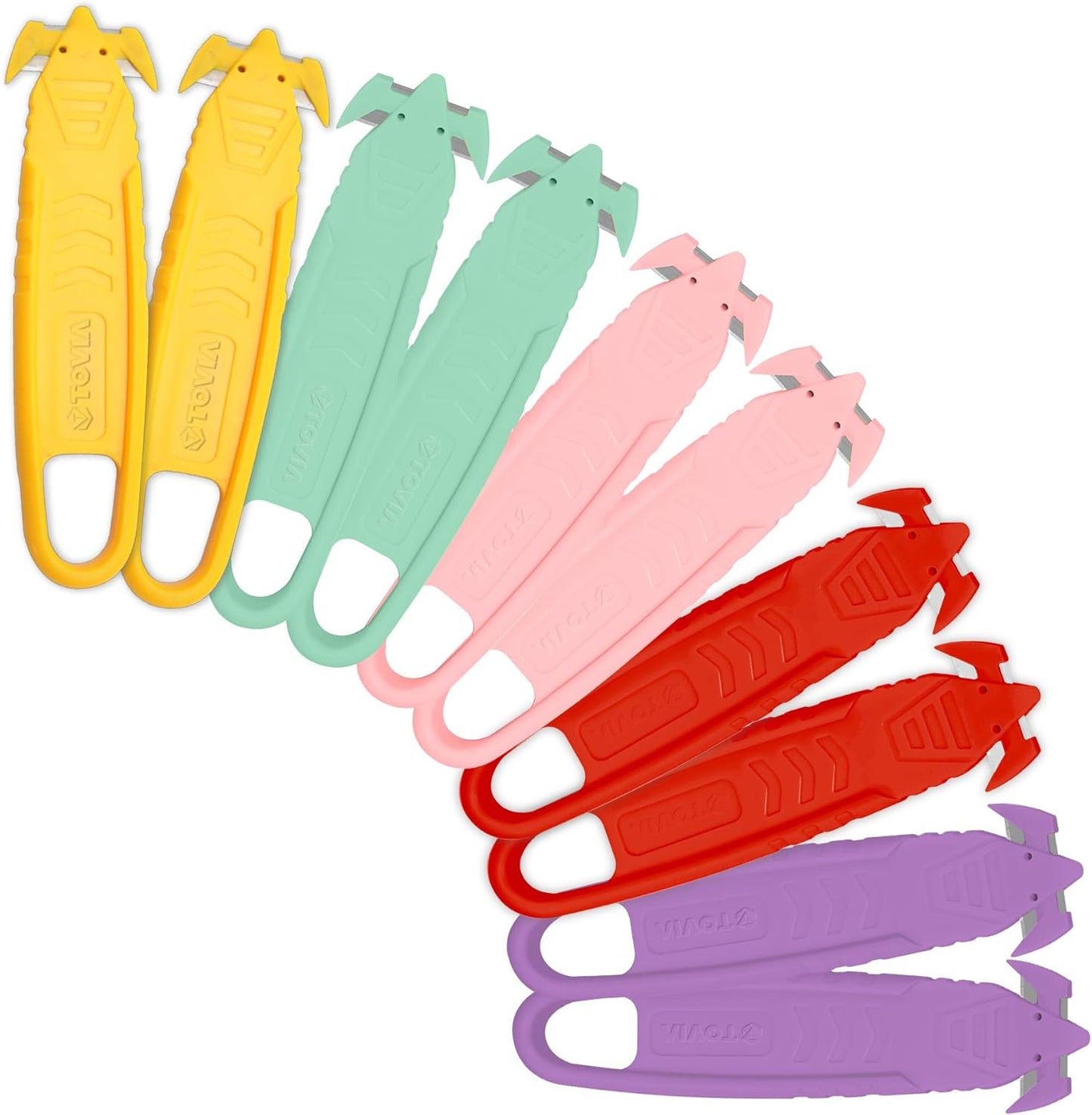 T TOVIA Safety Box Cutter Knife of Recessed Concealed Stainless Steel Blade, 10-Pack Package Opener Plastic Cutter for Box, Carton, Shrink Wrap, Plastic Straps, 5 Color