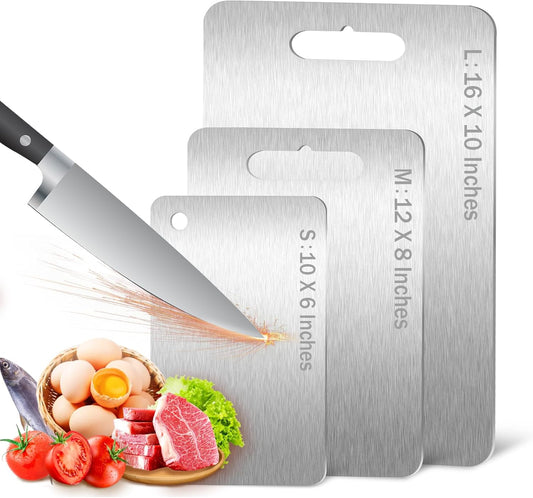 ZPUFAW 3Pcs Cutting Boards for Kitchen 304 Food Grade Stainless Steel, Large-Small Titanium Cutting Board for Cutting Fruit, Meat, Fish, Vegetables, Easy Grip Handle Easy Cleaning Dishwasher Safe