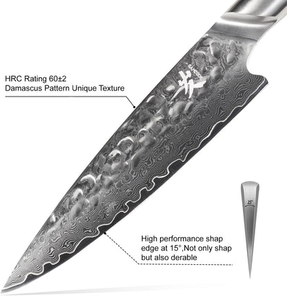 SAMCOOK Chef Knife,8 Inch Professional Sharp Hammered Damascus Knife,Japanese VG-10 High Carbon Stainless Steel Kitchen Gyuto knife,Ergonomic Black Walnut Handle with Premium Gift Box