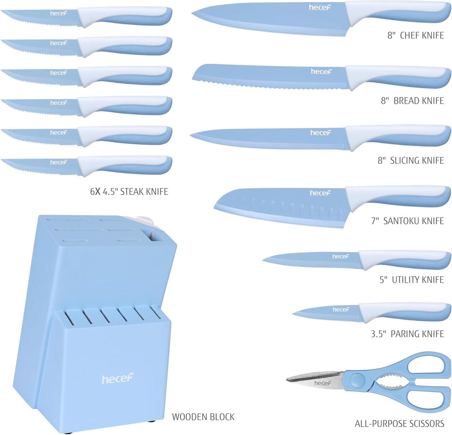 hecef 15 Pieces Kitchen Knife Set with Built-in Sharpening Wooden Block, Dishwasher Safe, High Carbon Stainless Steel Knife Block Set with Steak Knives, Kitchen Scissors, Purple