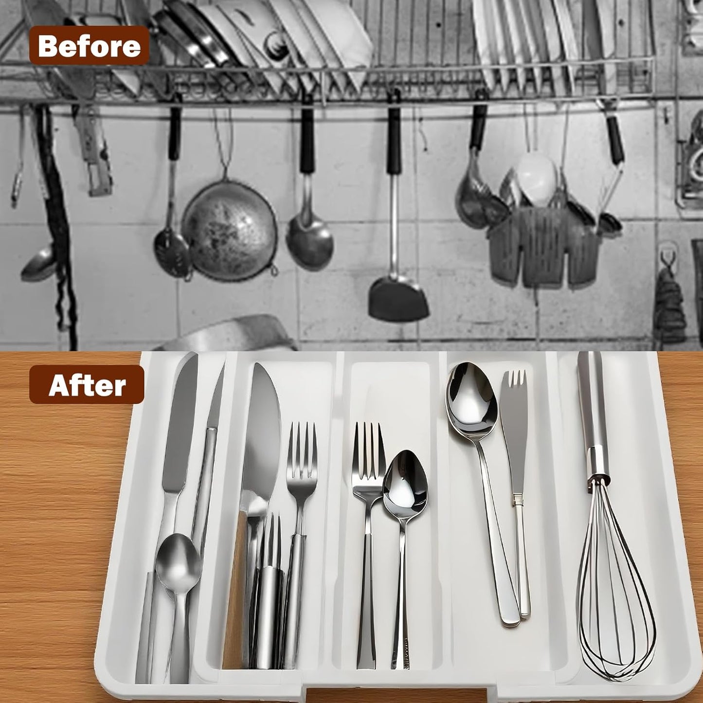 Premium Silverware Drawer Organizer & Cutlery Tray - Expandable Utensil Holder for Kitchen Drawers, Flatware Organizer with Adjustable Sections for Spoons, Forks, Knives (White)