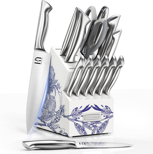 KnifeSaga Kitchen Knife Set - Phantom Iris X5 Knife Block Set - Top-tier Performance, 15 Pcs Premium High Carbon Stainless Steel Knife Set with Block and Sharpener, Professional Chef Knives Set