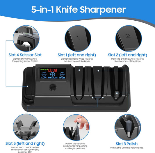 Electric Knife Sharpener for Kitchen - Professional 3-Stage Sharpening for Straight-Edge & Serrated Knives and Scissors, with 100% Diamond Abrasive (Grey)