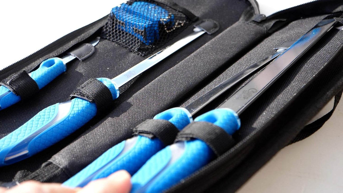 CUDA 6 Piece Knife & Sharpener Set 4 Knives with Corrosion-Resistant Stainless Steel Blade & Non-Slip Grips, 2-in-1 Knife Sharpener & Ballistic Nylon Carry/Storage Case Included