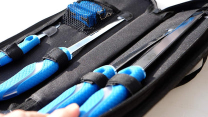CUDA 6 Piece Knife & Sharpener Set 4 Knives with Corrosion-Resistant Stainless Steel Blade & Non-Slip Grips, 2-in-1 Knife Sharpener & Ballistic Nylon Carry/Storage Case Included
