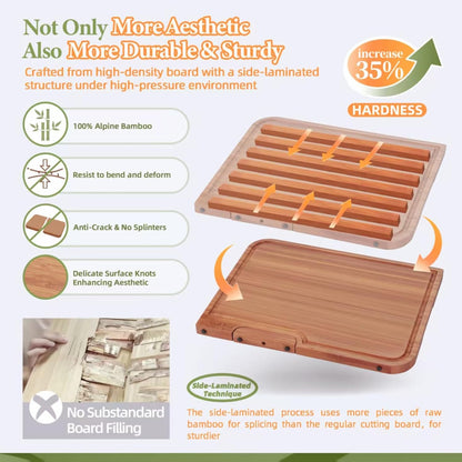 3-PCS Wood Cutting Board Set with Innovative Stand - Durable Double Sided Bamboo Cutting Board with Juice Groove & Handle for Meal Prep, Meat Charcuterie Serving, Eco-Friendly Healthy Kitchen Gift