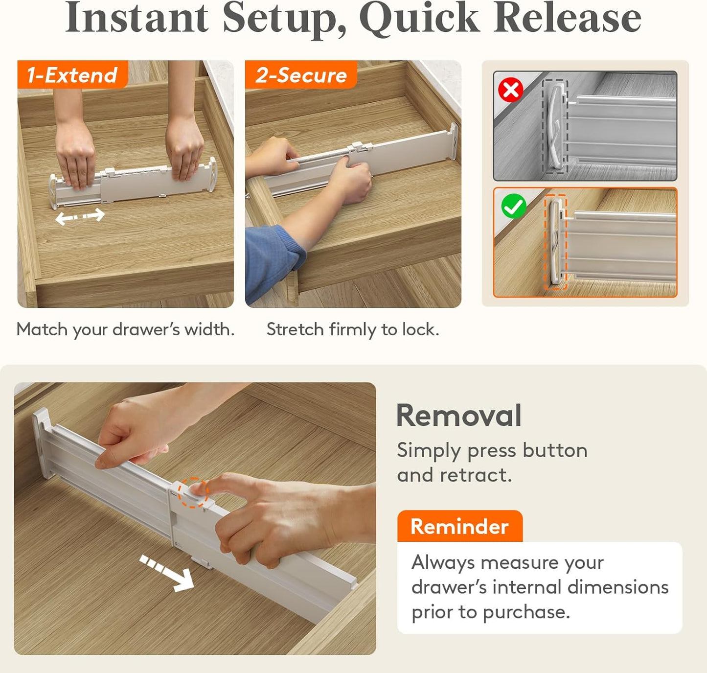 Lifewit Drawer Dividers for Clothes, 3.2" High 10.5"-16.5" Expandable Dresser Drawer Organizers, Adjustable White Plastic Separators for Kitchen, Cabinet, Nursery, Socks & Underwear Storage, 4 Pack
