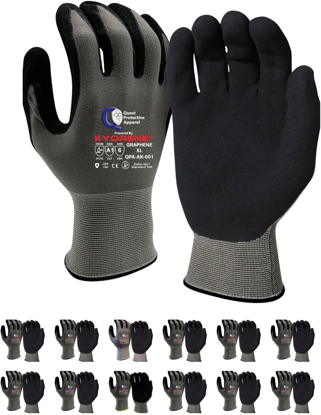 Quest Protective Apparel Cut Resistant Work Gloves (ANSI A1) – Lightweight Graphene Gloves for Gardening, DIY, Mechanical & General Handling – Breathable Grip Gloves for Men & Women – Large, Pack of 3