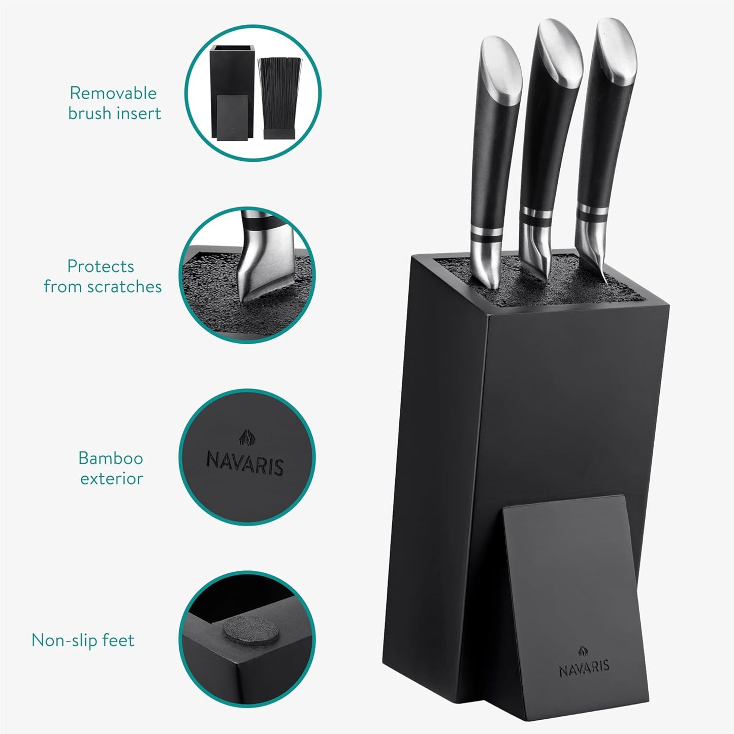 Navaris Universal Knife Block Holder - Rubber Wood Stand with Bristles to Fit Different Sizes of Knives - Angled Design, 9.8" x 5.9" x 4.1’" - Black