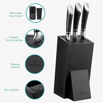 Navaris Universal Knife Block Holder - Rubber Wood Stand with Bristles to Fit Different Sizes of Knives - Angled Design, 9.8" x 5.9" x 4.1’" - Black