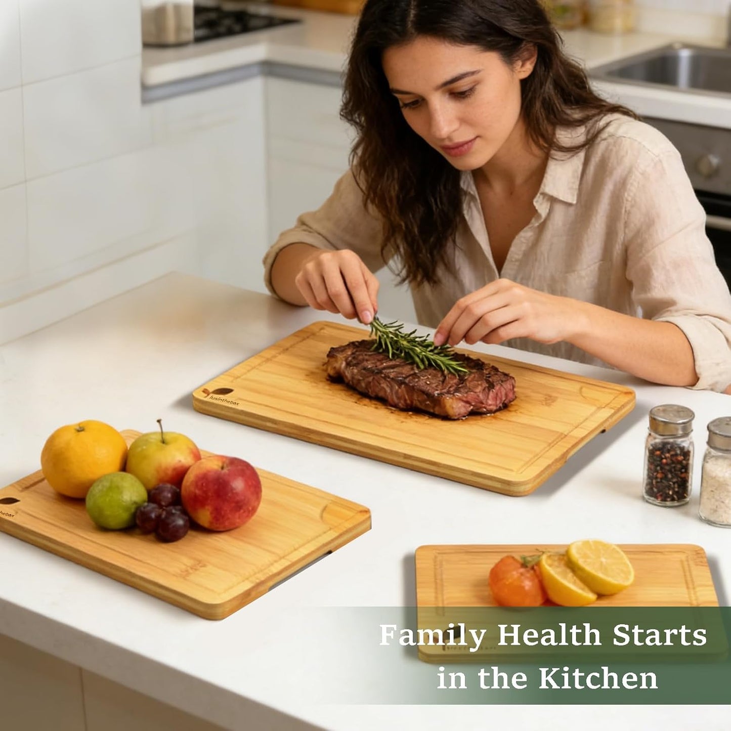 Cutting Boards for Kitchen, Bamboo Cutting Board Set of 3 with Storage Stand, Deep Carbonized Chopping Boards with Deep Juice Grooves and Side Handles for Meat, Vegetables, Fruit and Meal Prep