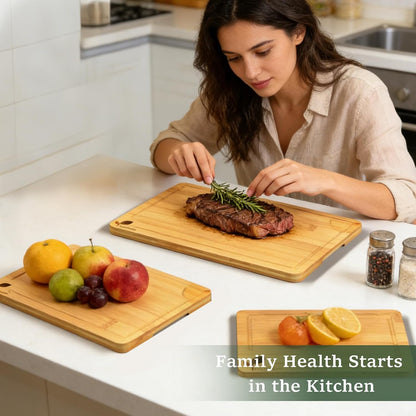 Cutting Boards for Kitchen, Bamboo Cutting Board Set of 3 with Storage Stand, Deep Carbonized Chopping Boards with Deep Juice Grooves and Side Handles for Meat, Vegetables, Fruit and Meal Prep