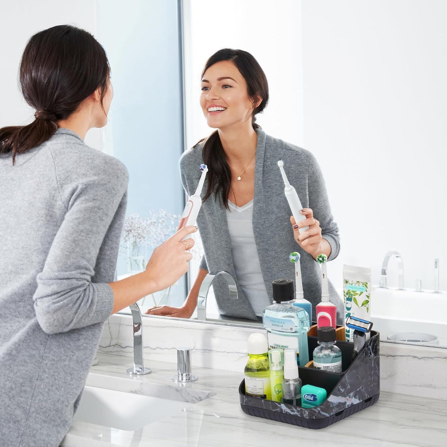 Chintu Toothbrush Holders for Bathrooms - 6 Slots Electric Tooth Brushing Holder, Bathroom Countertop Organizer for Kids Family, Marble Toothbrush and Toothpaste Holder Shower Storage Grey