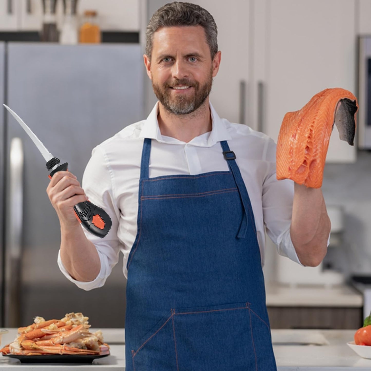 Cordless Electric Fillet Knife - 5 Ti-Nitride Coated Non-Stick Blades, Ergonomic Non-Slip Grip Handle & Cooling Vent Stylish with Carry Bag,Perfect Electric Knife for Effortless Fishing (Red)