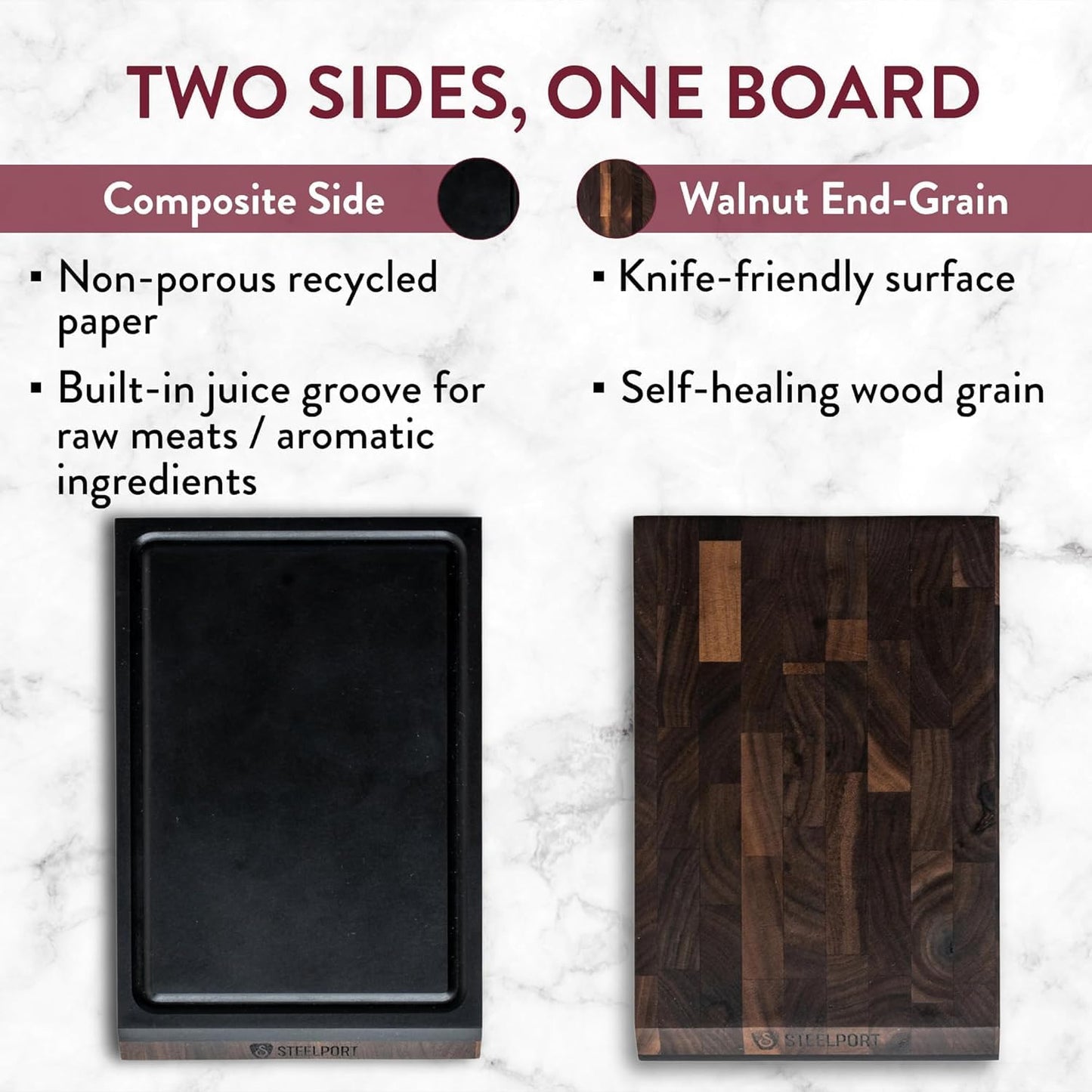 STEELPORT Small Cutting Board 9"x6" - Steel Reinforced, Utlra-thin Butcher Block | Dual Sided - End-grain Walnut Wood, Composite Side | Chopping Board with Juice Groove | USA Made for Home, Chefs