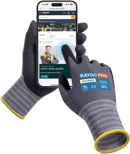 KAYGO Safety Work Gloves MicroFoam Nitrile Coated, 3 Pairs KG18NB,Seamless Knit Nylon Glove for Men and Women, Ideal for Automotive,Warehouse,Construction (Small,Gray)