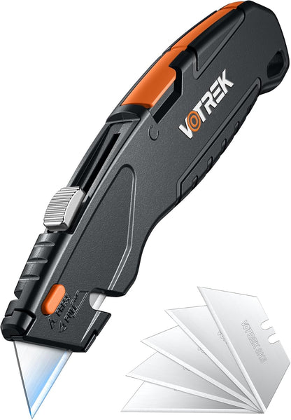 VOTREK® Box Cutter Retractable| Metal Utility Knife Set【Built-In Storage】 Tool-Free Quick Blade Change| Safety Lock| Extra 10 Sharp SK5 Blades| 2-Pack Heavy Duty Razor Knife for Cardboard & Plastic