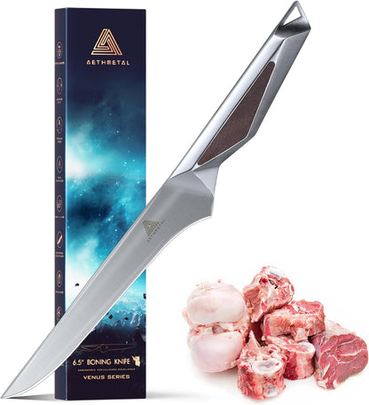 6.5 Inch Boning Knife, Full-Metal High-Carbon Stainless Steel Fillet & Meat Trimming Knife, Ergonomic Non-Slip Handle, Narrow Flexible Blade for Poultry, Beef, Fish