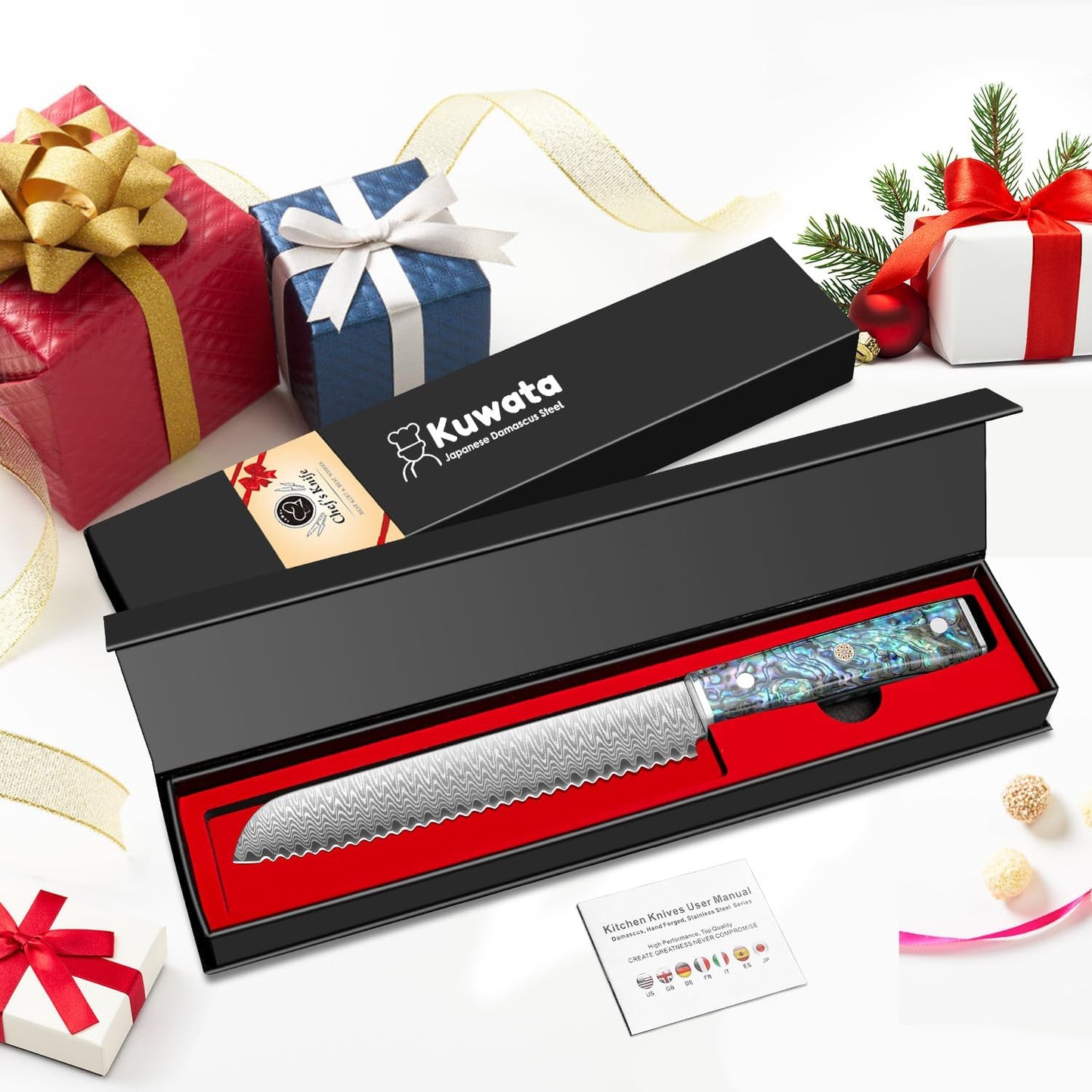 Damascus Chef Knife 8 Inch, Japanese Knife 10Cr15MOV Blade with Hand Forged Hammer Pattern Chef Knife, Hand forged VG-10 steel cooking knife, Ergonomic abalone shell G-10 handle with Gift Box