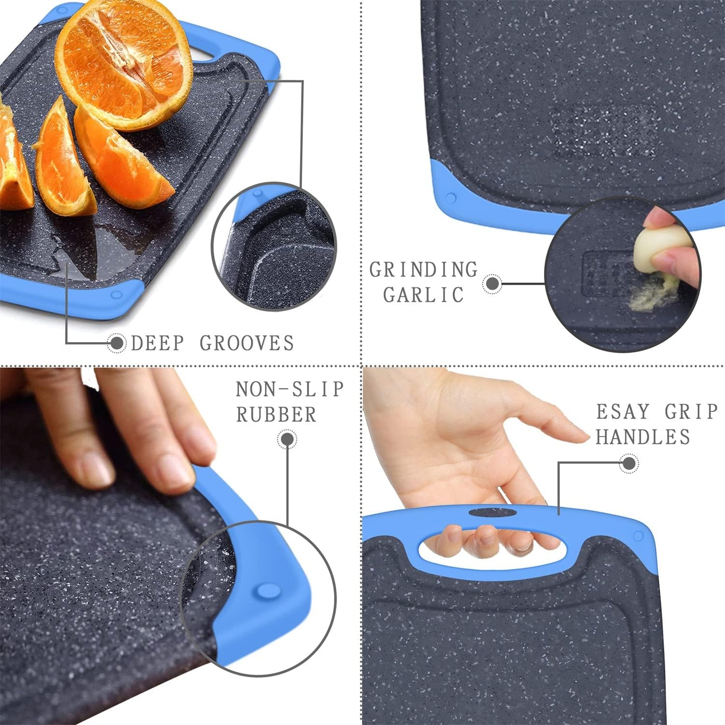 Viretang Plastic Cutting Boards Set of 3 for Kitchen, Thick Chopping Board with Deep Juice Grooves, Non‑Slip Feet, Easy Grip Handle, BPA Free, Dishwasher Safe,Black