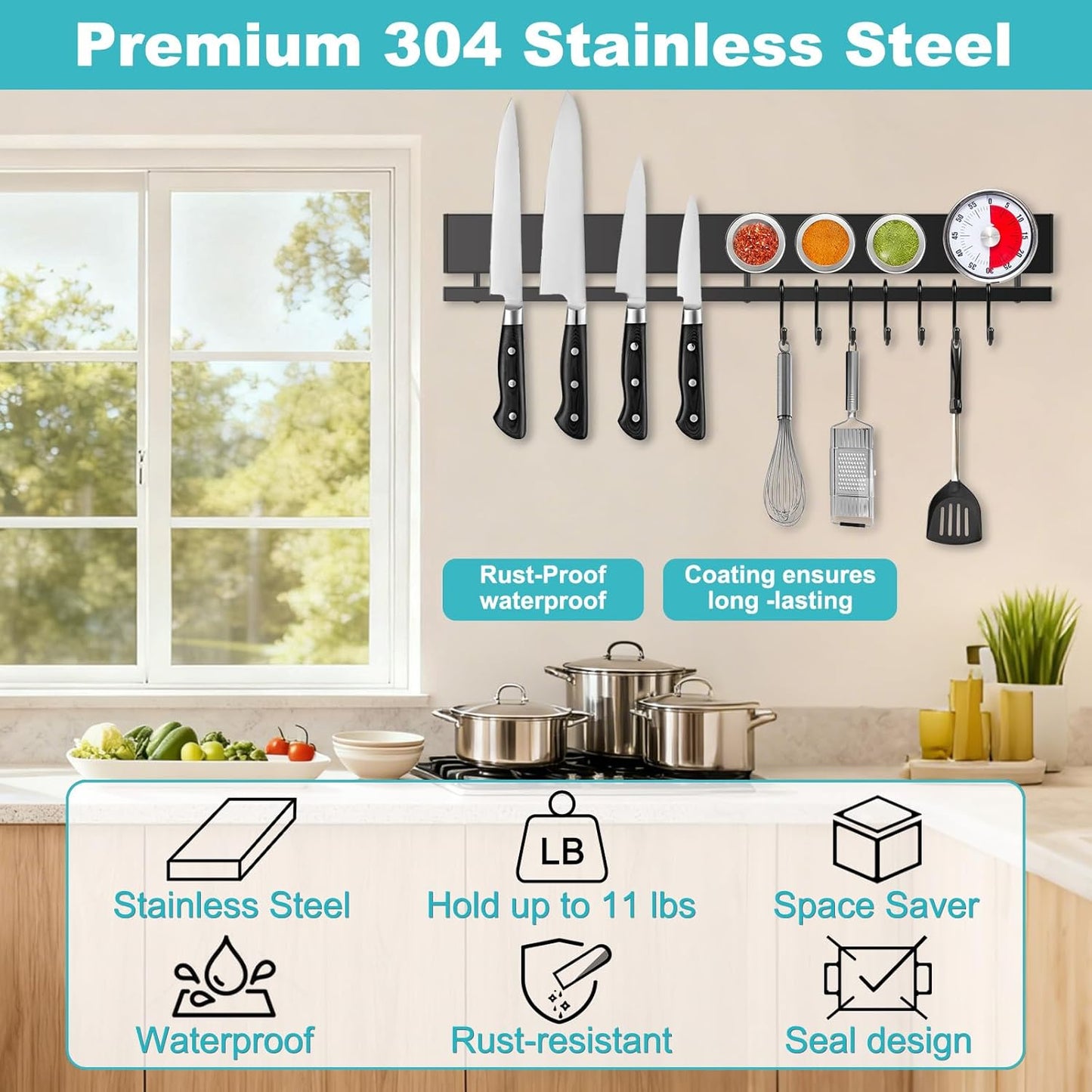 Wall Mount Knife Rack Block Metal Tool Holder for Utensils RV Kitchen Organization, 10 Inch, 16 Inch Magnetic Knife Holder for Wall with 10 Hooks