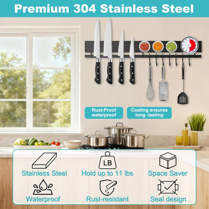 Wall Mount Knife Rack Block Metal Tool Holder for Utensils RV Kitchen Organization, 10 Inch, 16 Inch Magnetic Knife Holder for Wall with 10 Hooks
