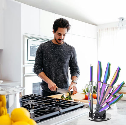 Luxury Gold Knife Set With Rotation Block, 8 Pieces Titanium-Coated Dishwasher Safe Stainless Steel Gold Chef Knife Set,with Sharpener&Scissors,Gift for Home Housewarming