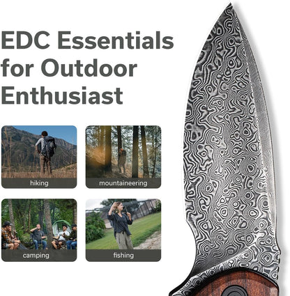 CIVIVI Folding Pocket Knife for EDC, Small Mini Praxis Knife for Men Women, 2.98" Damascus Blade Guibourtia Wood Handle, Sharp Camping Hiking Knives C18026C-DS1