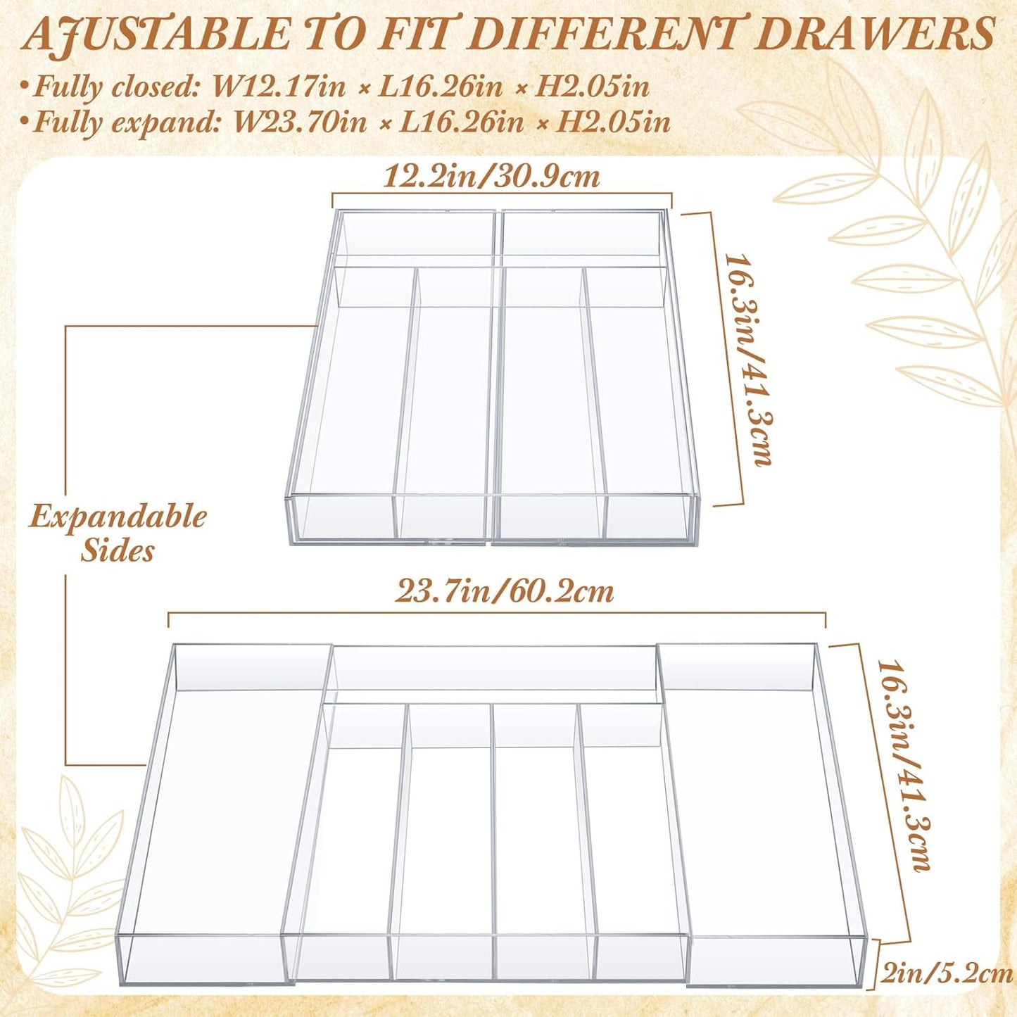 Teenyyou 1 Pack Expandable Kitchen Drawer Organizer Clear Acrylic Utensil Organizer Adjustable Acrylic Silverware Storage for Drawers Silverware Flatware Knives (12 x 16 Inches,6-8 Compartments)