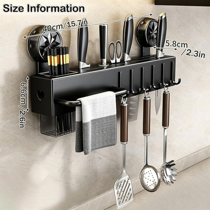 19.7" Drill-Free Wall-Mounted Knife Holde, Carbon Steel Knife Holder Rack with Self-Adhesive, Black Space Saving Utensil Organizer with Hooks & Hanging Bar, for Knife Storage, Scissors, Spatula