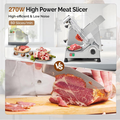 ROVUN 8.7 inch Commercial Meat Slicer, Electric Food Slicer ETL Certified, 300W Frozen Meat Deli Slicer, 0-12mm Adjustable Thickness, Chromium-Plated Steel Blade for Home and Commercial