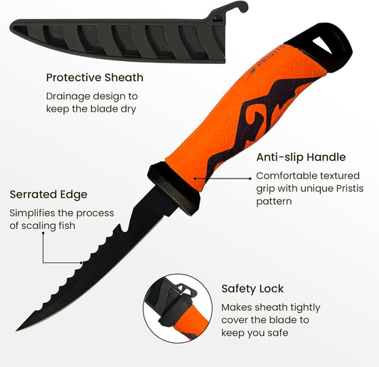 Pristis 9'' Fillet Knife for Fish, Stainless Steel Teflon Coated Blade with Non-Slip Grip Handle, Filet Knife Tackle with Protective Sheath and Sharpener for Fishing Boning Meat Cutting Kitchen