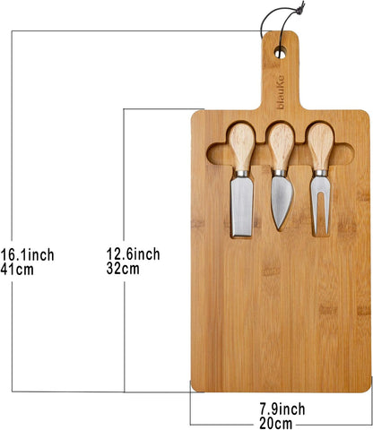 Bamboo Cheese Board and Knife Set 14x11 inch – Wood Cheese Cutting Board, Serving Tray Platter, Charcuterie Board Set with 4 Cheese Knives – BlauKe®