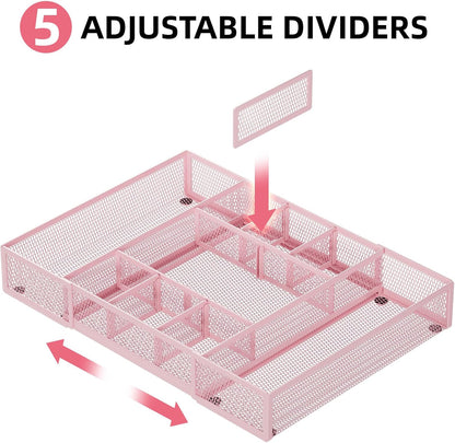 Marbrasse Expandable Desk Drawer Organizer, Mesh Drawer Organizer Tray with 10 Adjustable Compartments, Desk Organizers and Accessories for Office Supplies, Makeup & Vanity (Expandable White-2 pack)