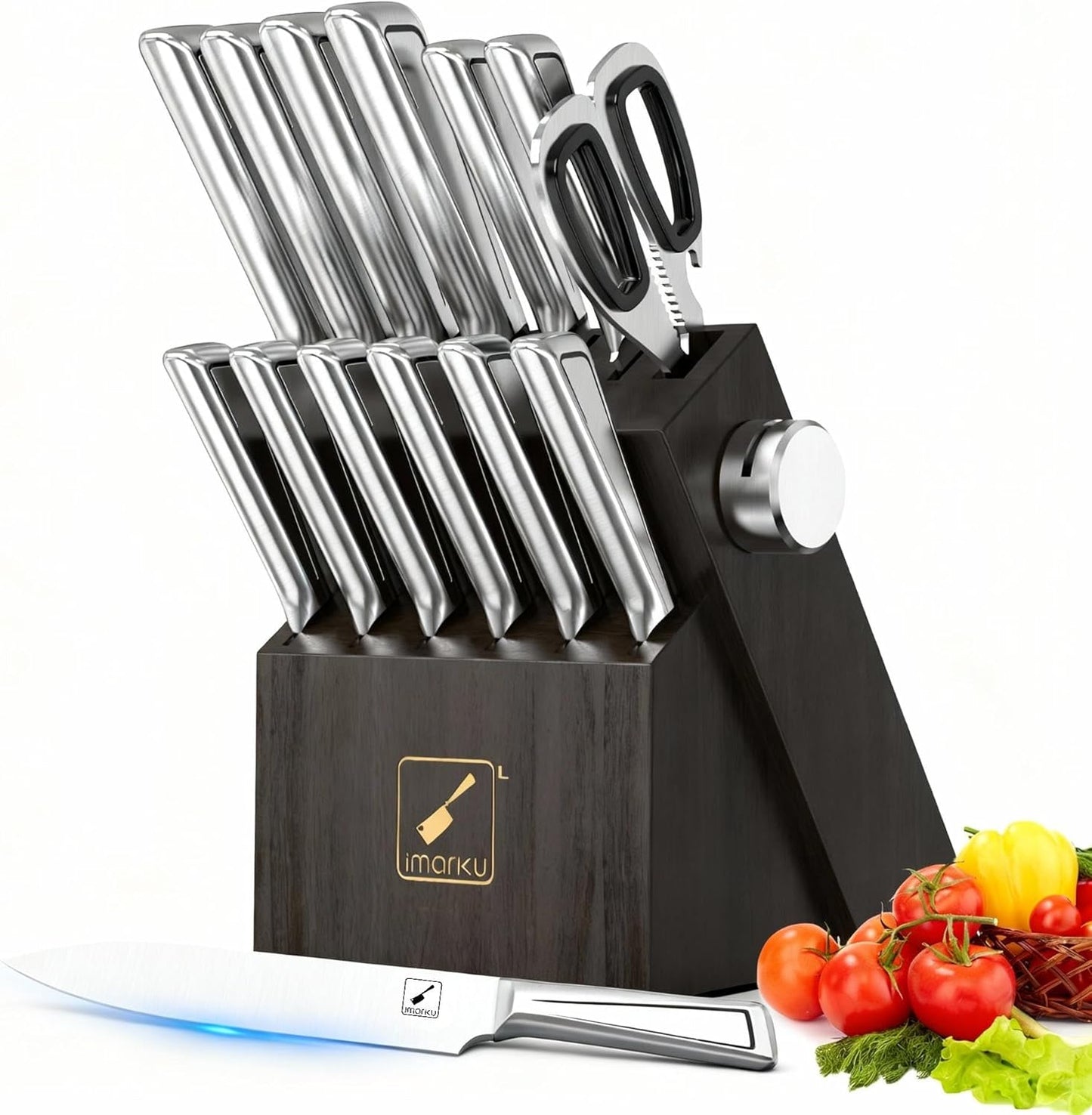 imarku Kitchen Knife Set with Block and Built-in Sharpener, Japanese Stainless Steel 14-Piece Knife Set with Utility Knife, Dishwasher Safe, Non-Slip Ergonomic Handles, Essential Gift for Home Cooks