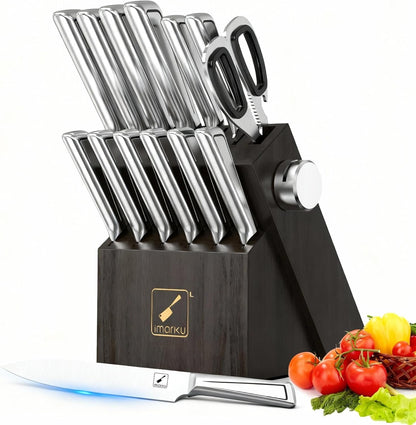 imarku Kitchen Knife Set with Block and Built-in Sharpener, Japanese Stainless Steel 14-Piece Knife Set with Utility Knife, Dishwasher Safe, Non-Slip Ergonomic Handles, Essential Gift for Home Cooks