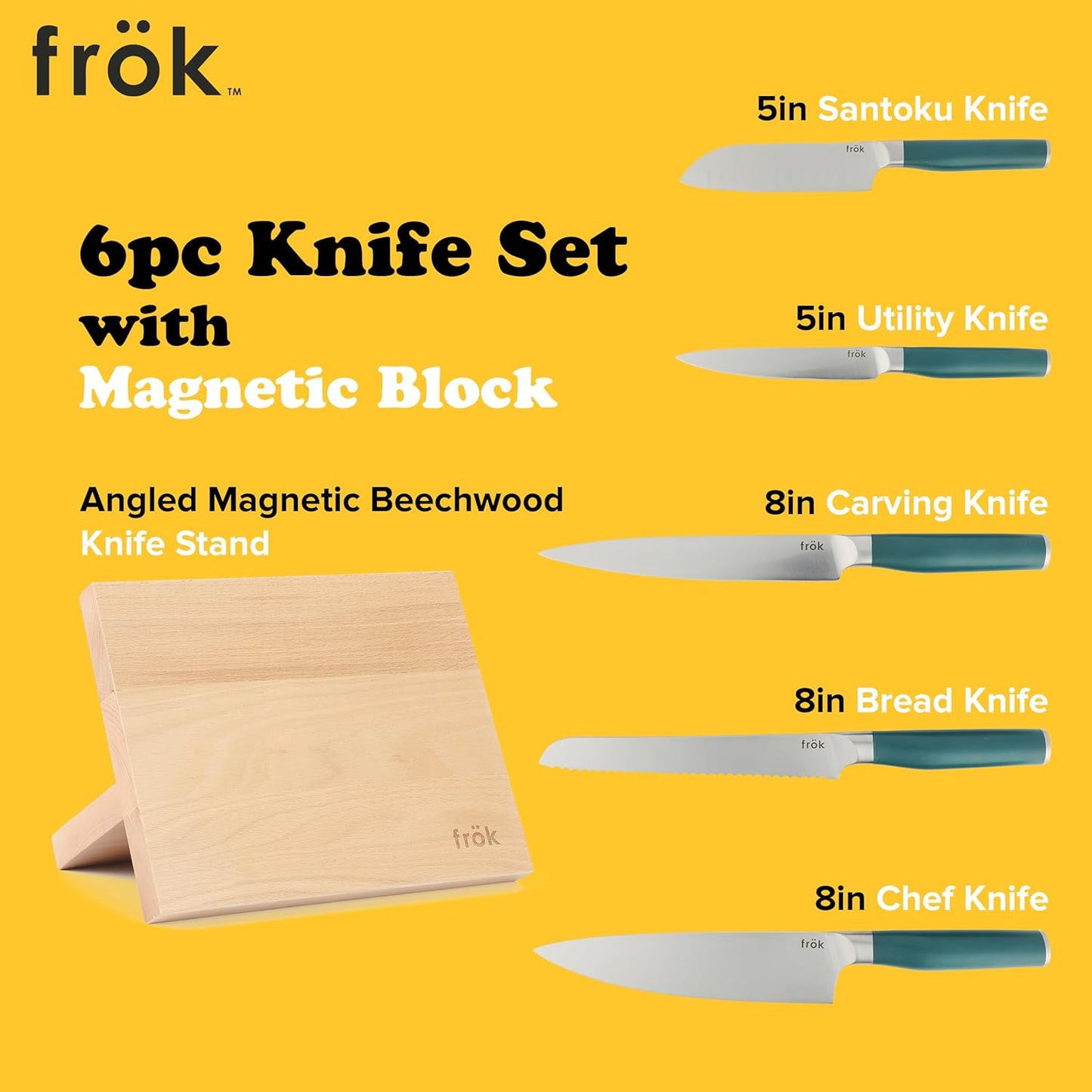 Frok 6 Piece German Steel Knife Set W/Magnetic Block - Green