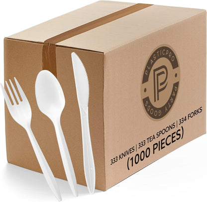 PLASTICPRO Cutlery Plastic Knives Medium Weight Disposable Silverware White (1000 Count)