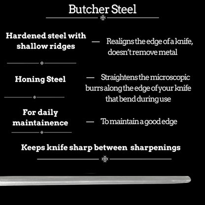 Professional Butcher’s Honing Steel – Round Rod for Chefs, Meat Cutters, and Home Kitchens – Carbon Steel Knife Alignment Tool with Non-Slip Handle (14 inch)