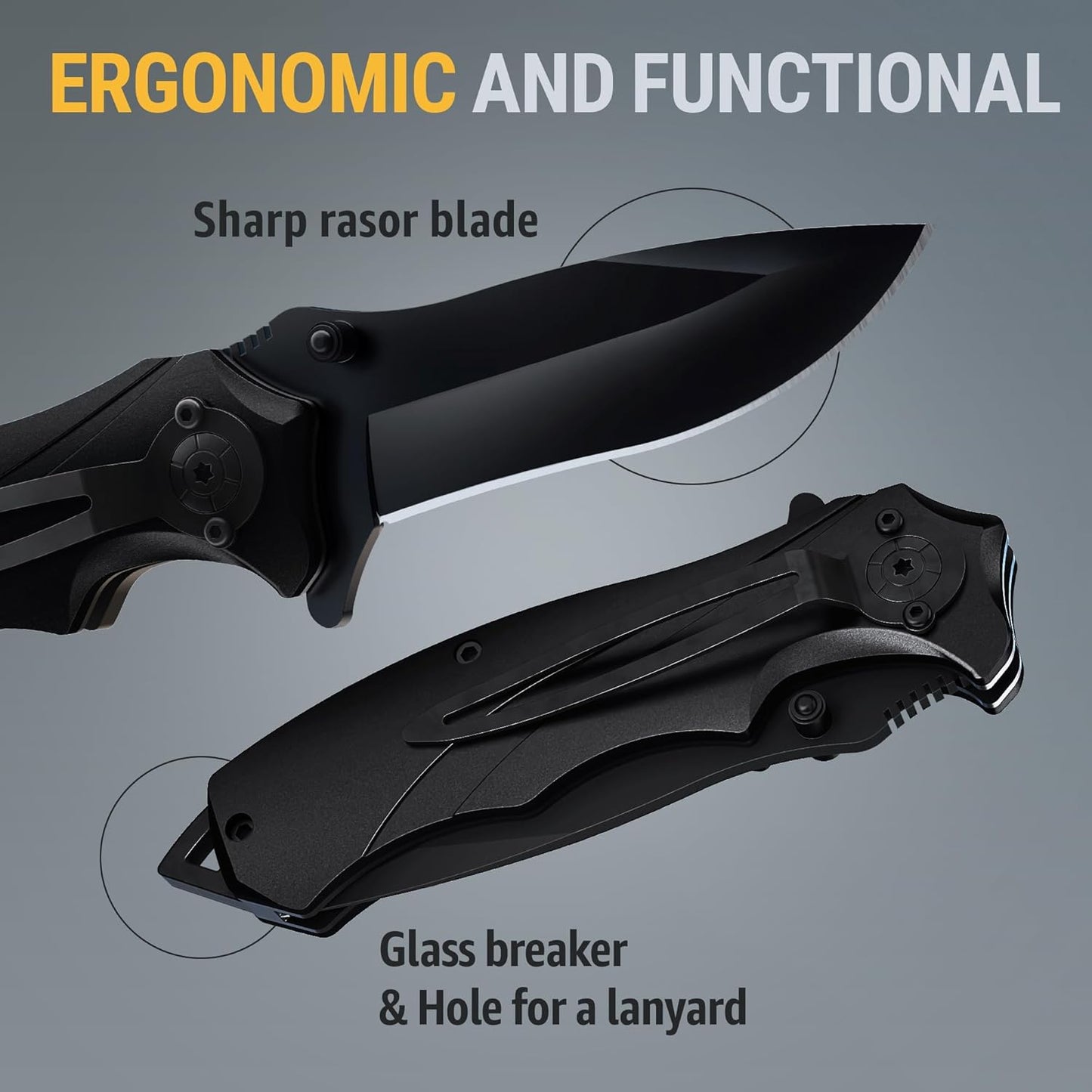Pocket Knife for Men - Tactical Gear with Glass Breaker and Pocket Clip - Sharp Folding Knives for EDC, Outdoor Cooking, Cutting Cake - Kitchen Utensils & Gadgets - Gifts for Husband, Dad 6495 B