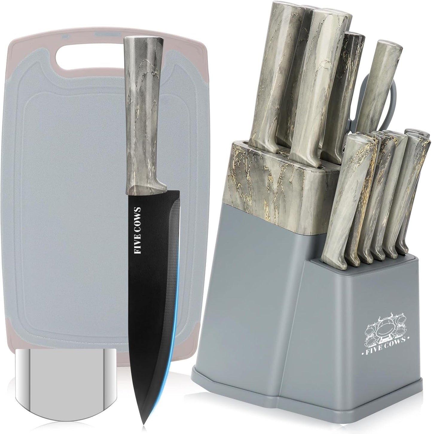 16-Piece Kitchen Knife Block Set with Cutting Board - German Stainless Steel Knives, Built-In Sharpener, Dishwasher Safe, Anti-Slip Handle - All-in-One Cutlery Set for Home/Kitchen (Cyan)