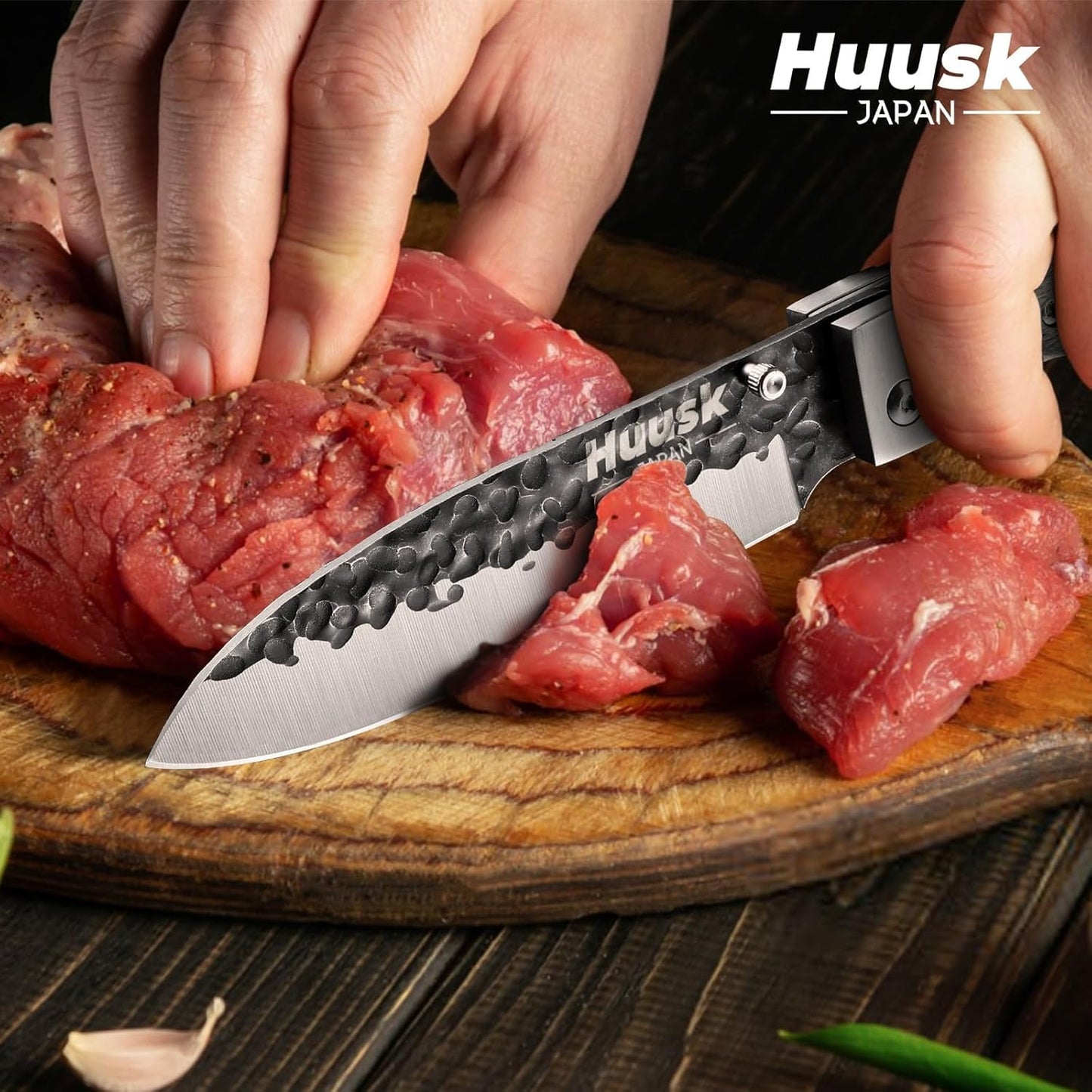 Huusk Folding Chef Knife Set - Japanese Hand Forged Pocket Knife Set - Including Nakiri, Santoku, Bread and Fruit Knives - Gifts for Men and Women