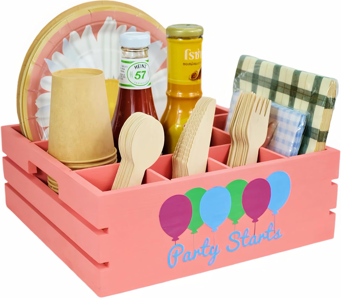 Utensil Holder for Party Farmhouse Crate Look - Pink Napkin Paper Plate Dispenser for Countertop - Silverware Caddy for Plate, Cup, Fork, Spoon - Flatware Box Organizer for Outdoor Camping Picnic
